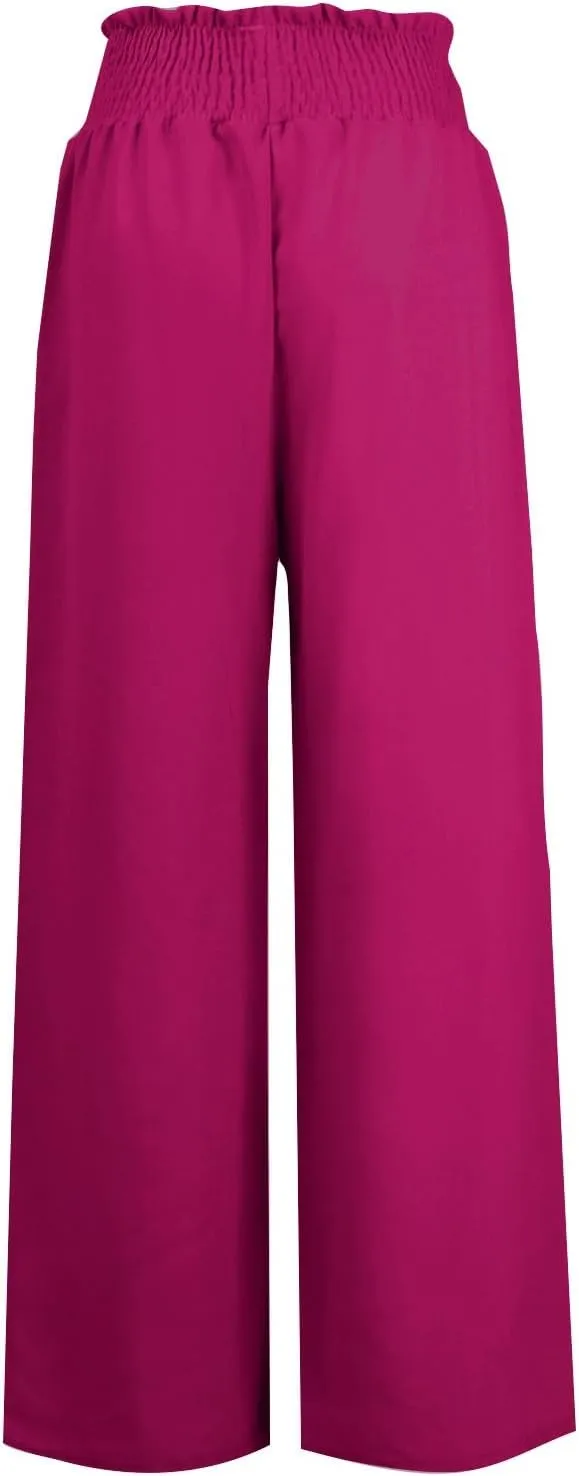 Wide Leg Linen Pants for Women Casual Summer Smocked High Waist Palazzo Pants Yoga Baggy Trousers with Pockets Beach