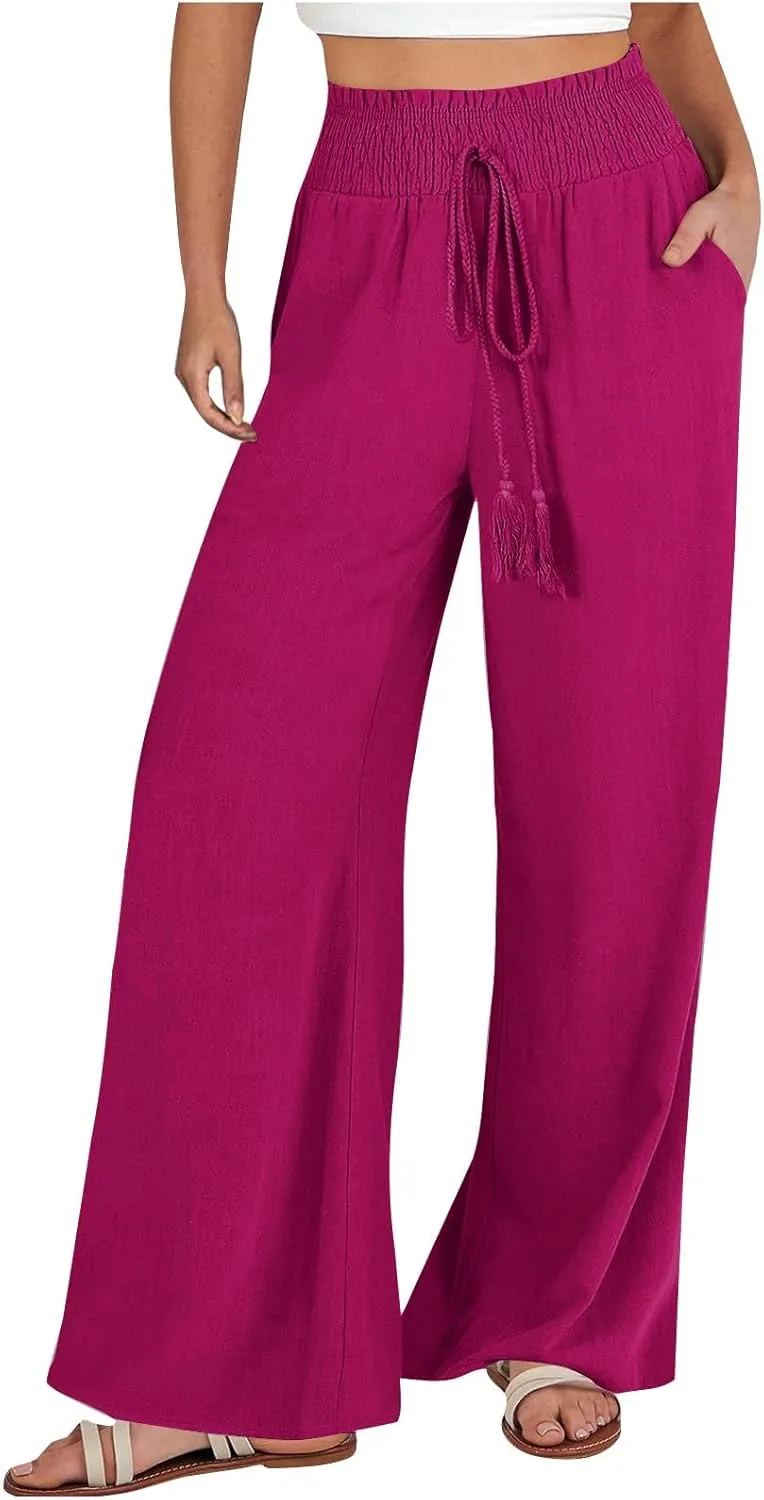 Wide Leg Linen Pants for Women Casual Summer Smocked High Waist Palazzo Pants Yoga Baggy Trousers with Pockets Beach