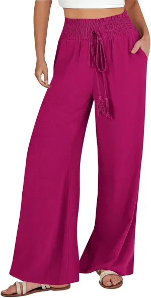 Wide Leg Linen Pants for Women Casual Summer Smocked High Waist Palazzo Pants Yoga Baggy Trousers with Pockets Beach