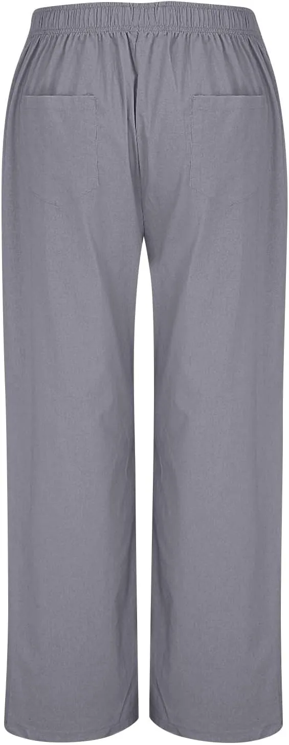 Wide Leg Linen Pants for Women Dressy Casual Summer Elastic Waist Pleated Button Work Pants Beach Trousers w/Pockets