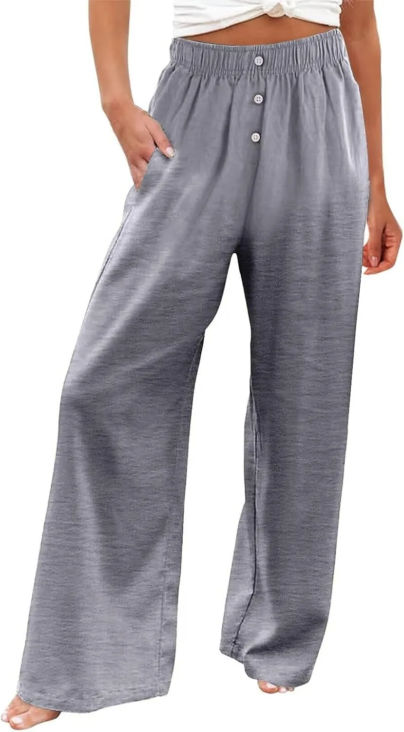 Wide Leg Linen Pants for Women Dressy Casual Summer Elastic Waist Pleated Button Work Pants Beach Trousers w/Pockets
