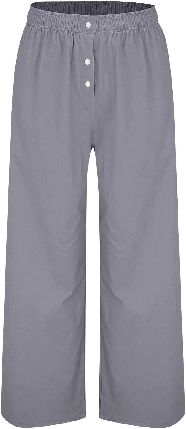 Wide Leg Linen Pants for Women Dressy Casual Summer Elastic Waist Pleated Button Work Pants Beach Trousers w/Pockets