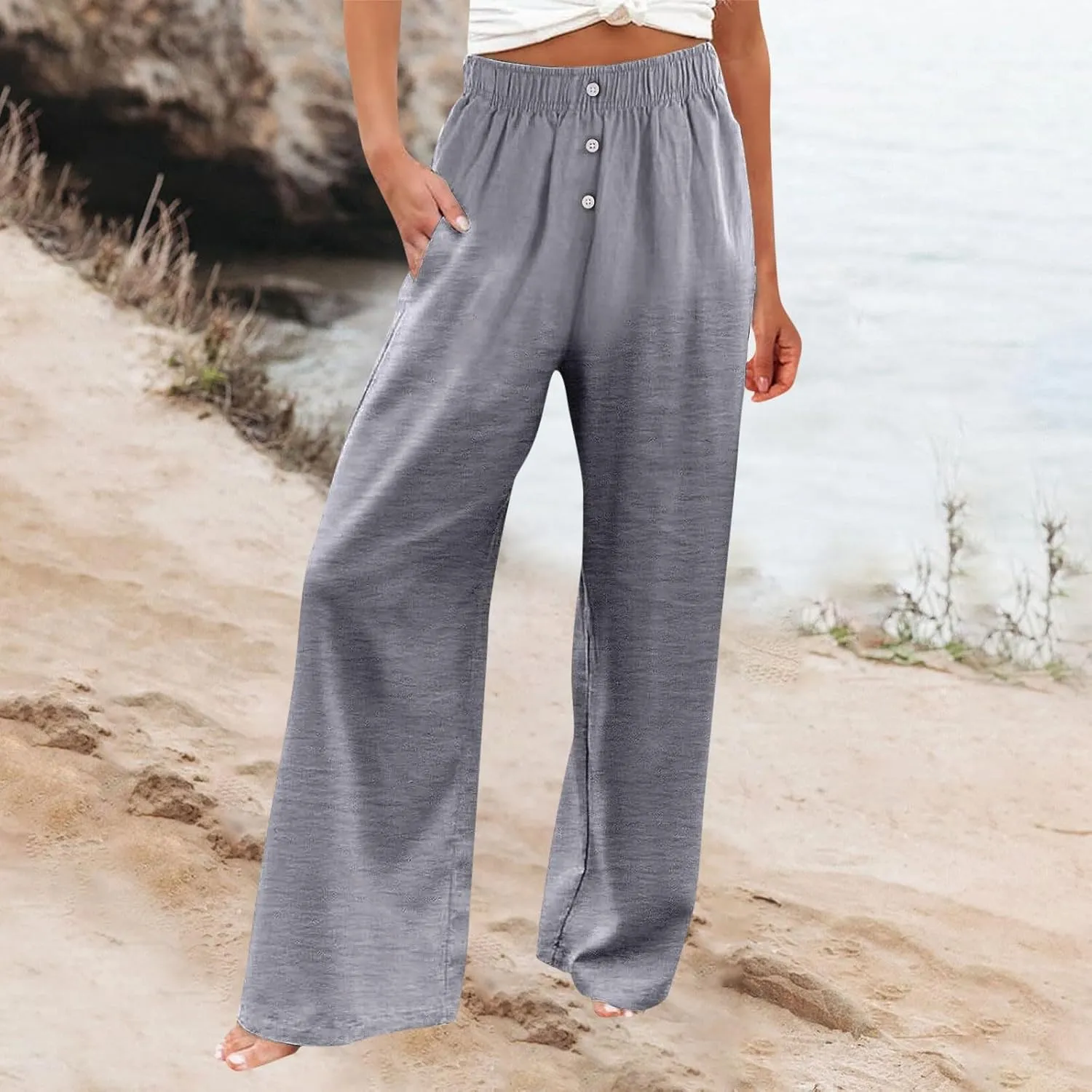Wide Leg Linen Pants for Women Dressy Casual Summer Elastic Waist Pleated Button Work Pants Beach Trousers w/Pockets