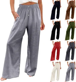 Wide Leg Linen Pants for Women Dressy Casual Summer Elastic Waist Pleated Button Work Pants Beach Trousers w/Pockets