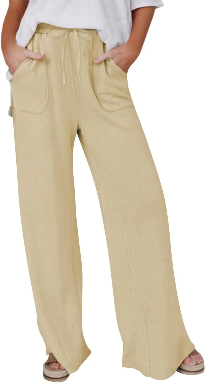 Wide Leg Linen Pants for Women Summer Casual Straight Leg Baggy Pants Lightweight High Waisted Trousers with Pockets