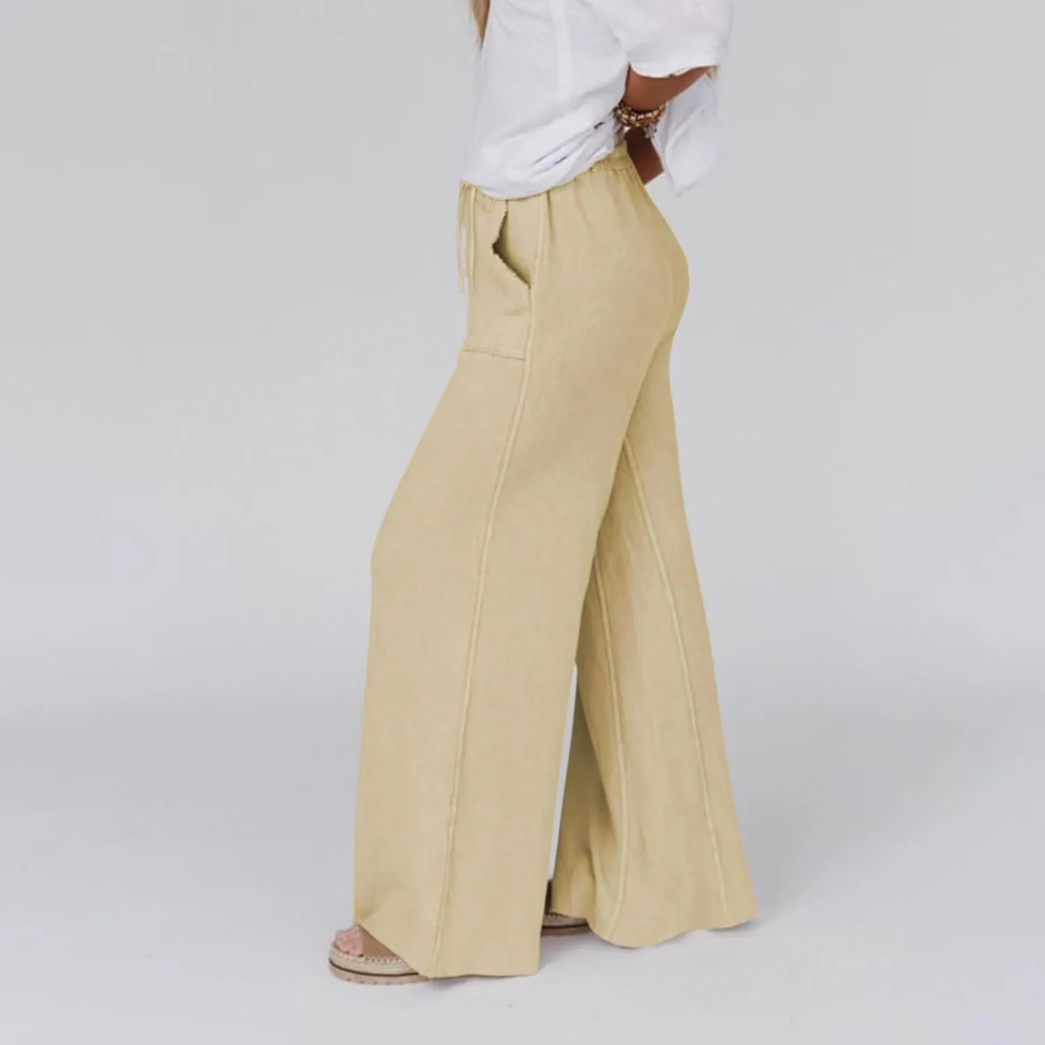 Wide Leg Linen Pants for Women Summer Casual Straight Leg Baggy Pants Lightweight High Waisted Trousers with Pockets