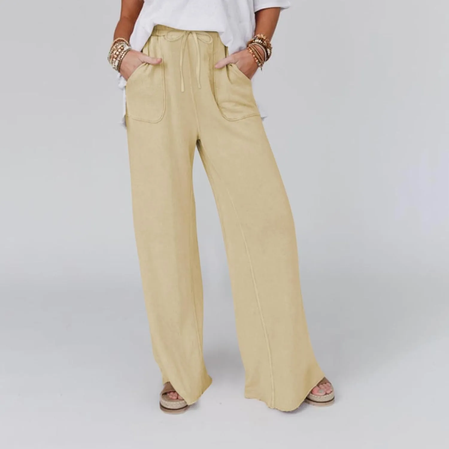 Wide Leg Linen Pants for Women Summer Casual Straight Leg Baggy Pants Lightweight High Waisted Trousers with Pockets