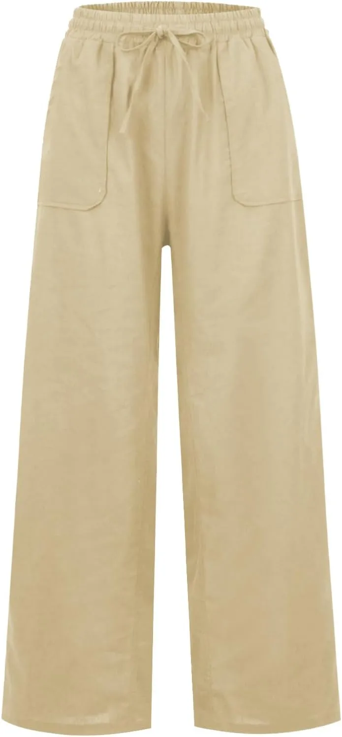Wide Leg Linen Pants for Women Summer Casual Straight Leg Baggy Pants Lightweight High Waisted Trousers with Pockets