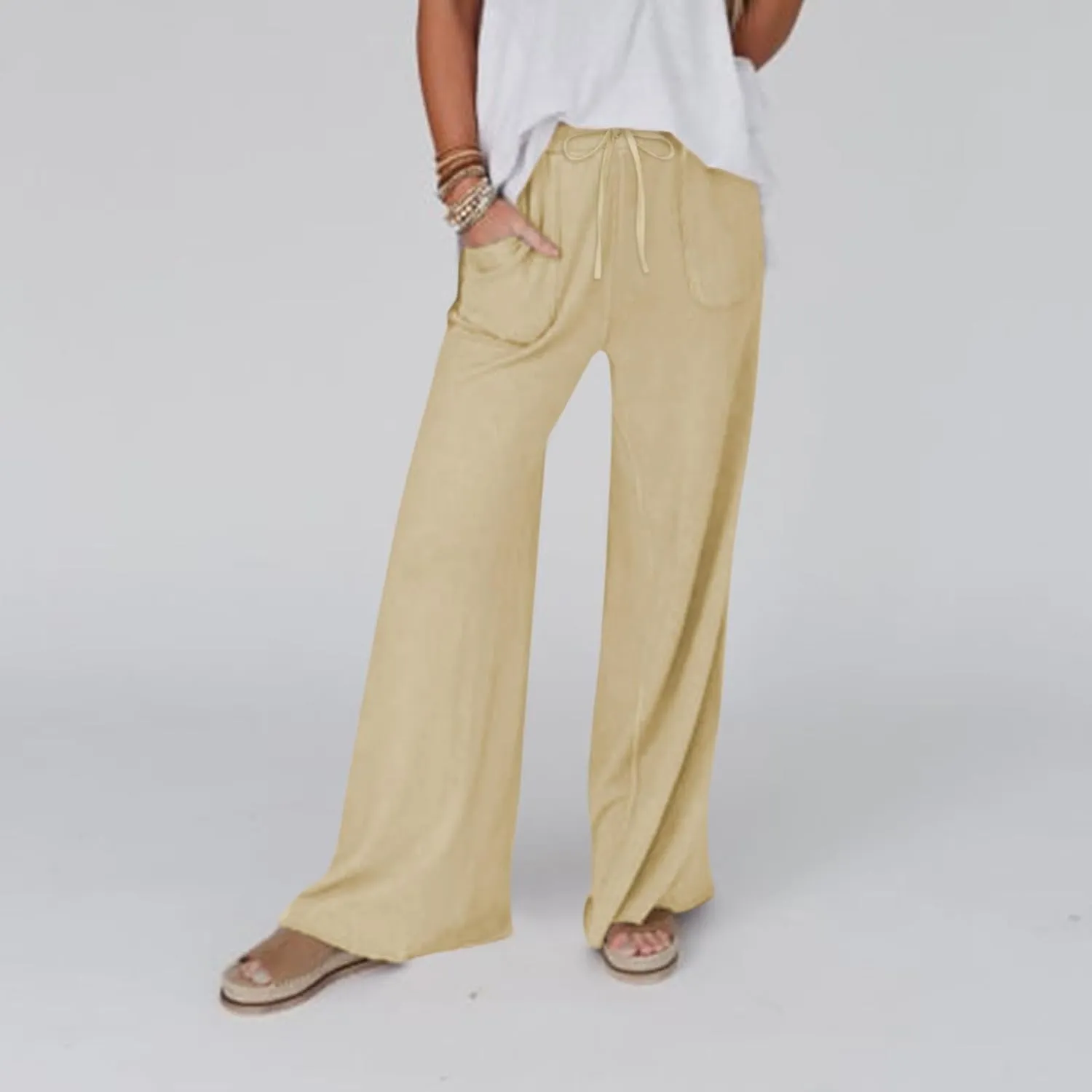Wide Leg Linen Pants for Women Summer Casual Straight Leg Baggy Pants Lightweight High Waisted Trousers with Pockets