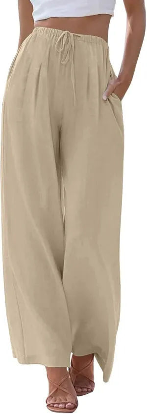 Wide Leg Linen Pants for Women Summer Flowy High Waisted Palazzo Pants Baggy Comfy Casual Beach Pant with Pockets