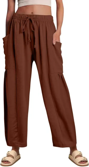 Wide Leg Pants for Women Linen High Waisted Summer Fashion Pants Drawstring Flowy with Pockets Solid Clothes Vacation