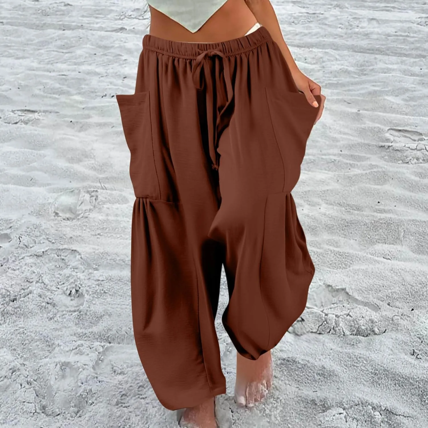 Wide Leg Pants for Women Linen High Waisted Summer Fashion Pants Drawstring Flowy with Pockets Solid Clothes Vacation
