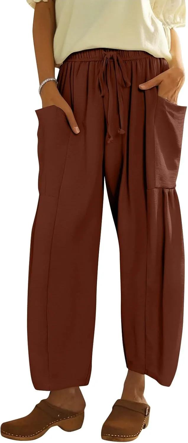 Wide Leg Pants for Women Linen High Waisted Summer Fashion Pants Drawstring Flowy with Pockets Solid Clothes Vacation