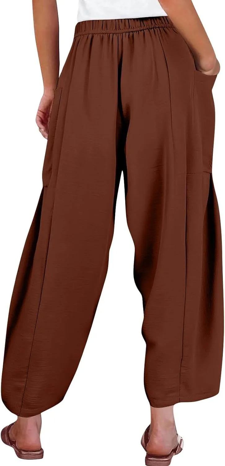 Wide Leg Pants for Women Linen High Waisted Summer Fashion Pants Drawstring Flowy with Pockets Solid Clothes Vacation
