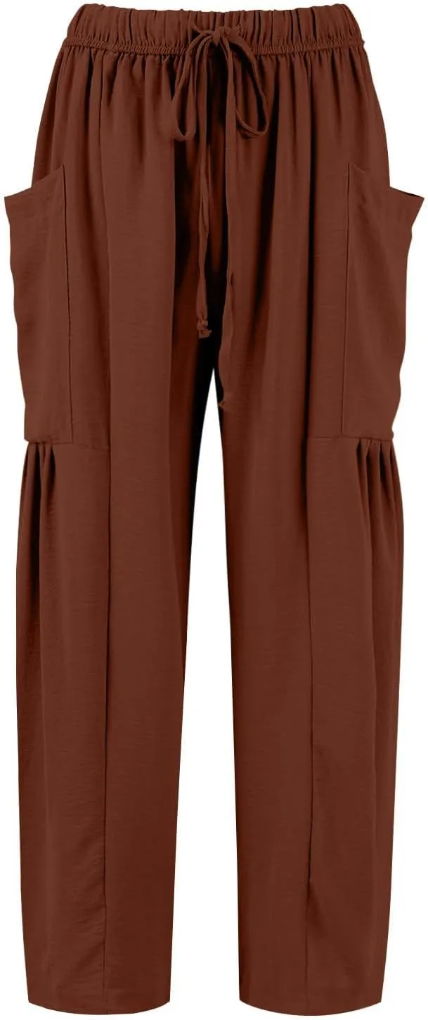 Wide Leg Pants for Women Linen High Waisted Summer Fashion Pants Drawstring Flowy with Pockets Solid Clothes Vacation