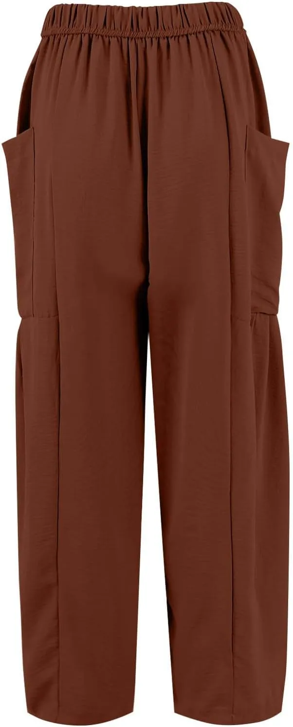 Wide Leg Pants for Women Linen High Waisted Summer Fashion Pants Drawstring Flowy with Pockets Solid Clothes Vacation