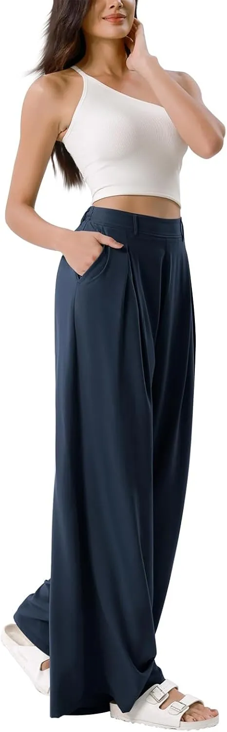 Wide Leg Pants for Women Pull On Flowy Palazzo Pants Lightweight Summer High Wasited Dress Pants with Pockets