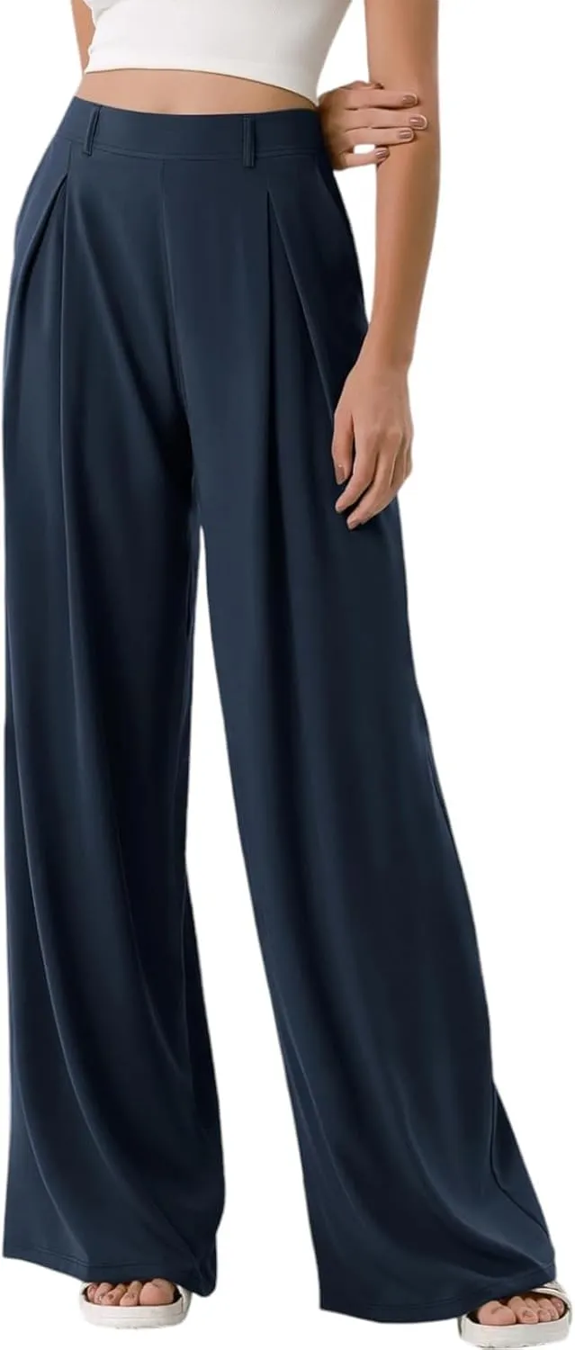 Wide Leg Pants for Women Pull On Flowy Palazzo Pants Lightweight Summer High Wasited Dress Pants with Pockets