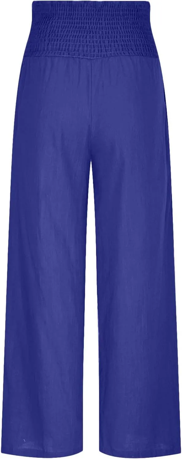 Wide Leg Pants for Women Summer Trendy Cotton Linen Palazzo Pants Smocked High Waisted Boho Trousers with Pockets