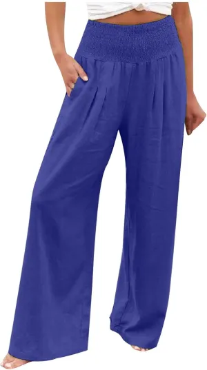Wide Leg Pants for Women Summer Trendy Cotton Linen Palazzo Pants Smocked High Waisted Boho Trousers with Pockets