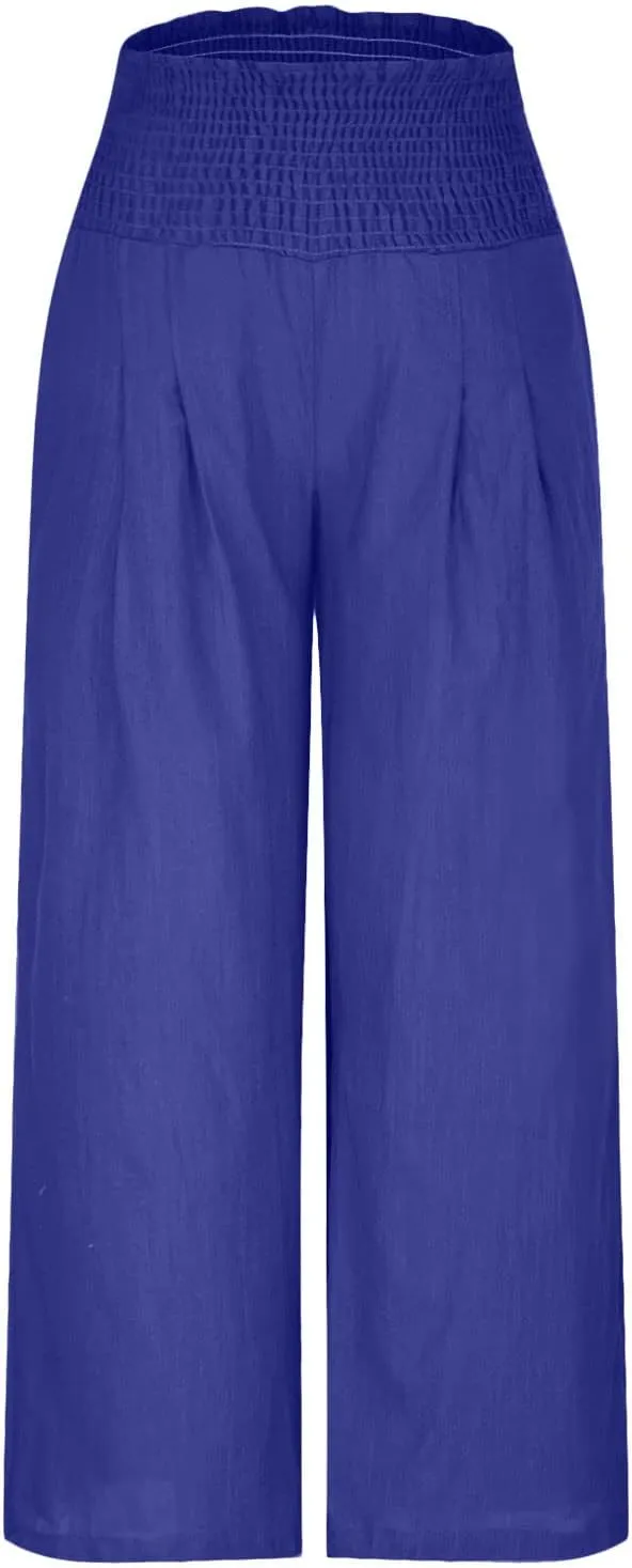 Wide Leg Pants for Women Summer Trendy Cotton Linen Palazzo Pants Smocked High Waisted Boho Trousers with Pockets