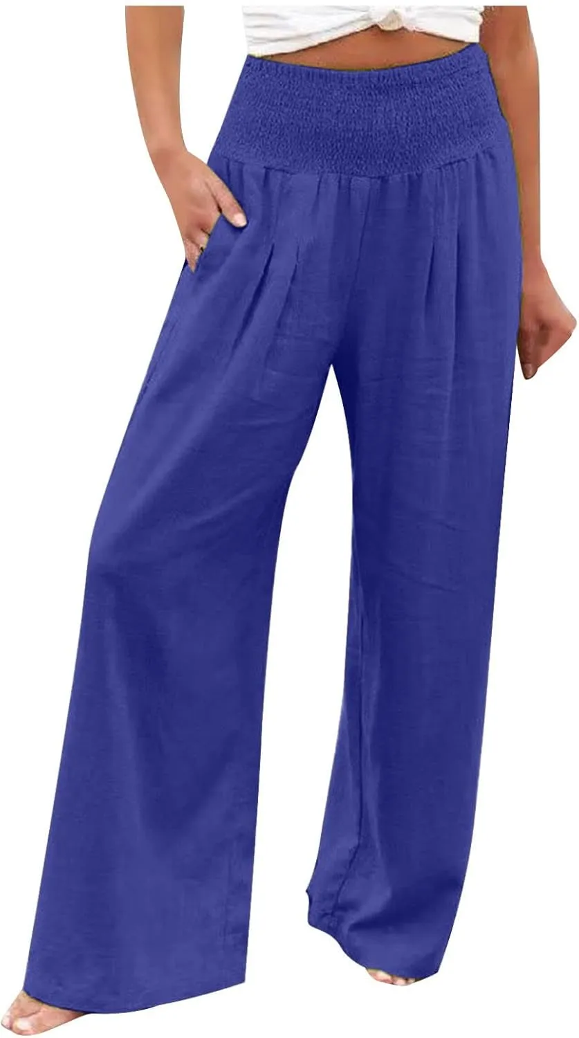 Wide Leg Pants for Women Summer Trendy Cotton Linen Palazzo Pants Smocked High Waisted Boho Trousers with Pockets