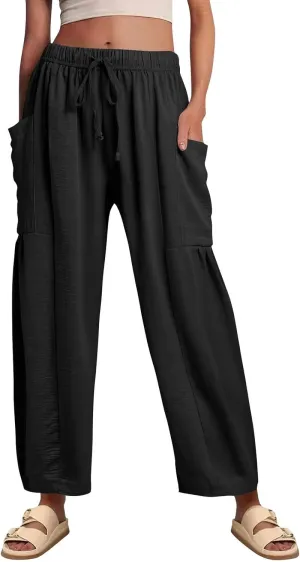 Wide Leg Pants Woman High Waisted Drawstring Boho Pants Summer Lightweight Beach Palazzo Harem Trousers with Pockets