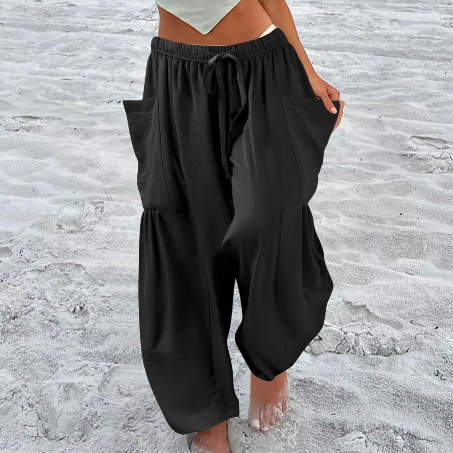 Wide Leg Pants Woman High Waisted Drawstring Pants Summer Beach Vacation Casual Palazzo Lounge Trousers with Pockets