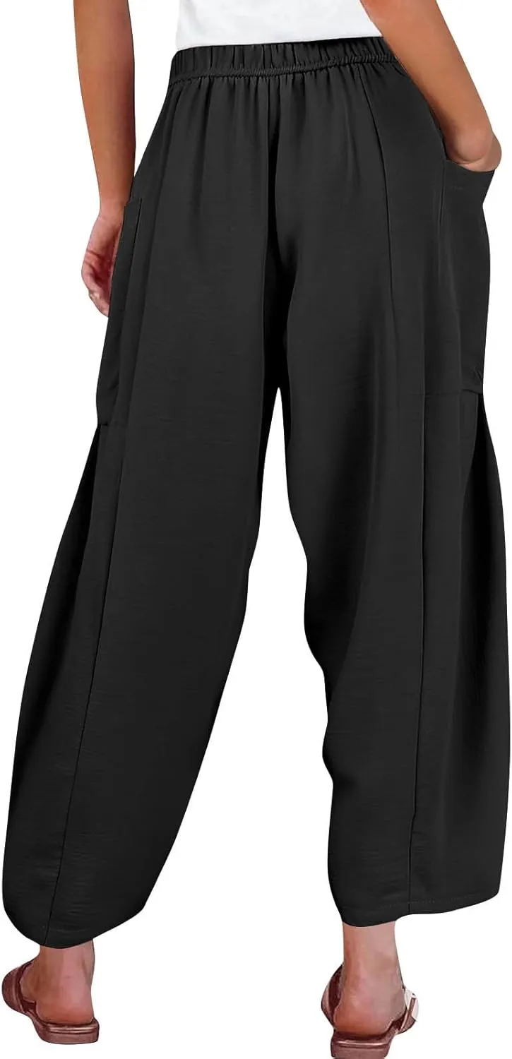 Wide Leg Pants Woman High Waisted Drawstring Pants Summer Beach Vacation Casual Palazzo Lounge Trousers with Pockets