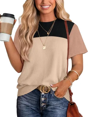 WIHOLL Womens Fashion 2025 Color Block Shirts Short Sleeve Crewneck Knitted Spring Summer Tops Casual Trendy