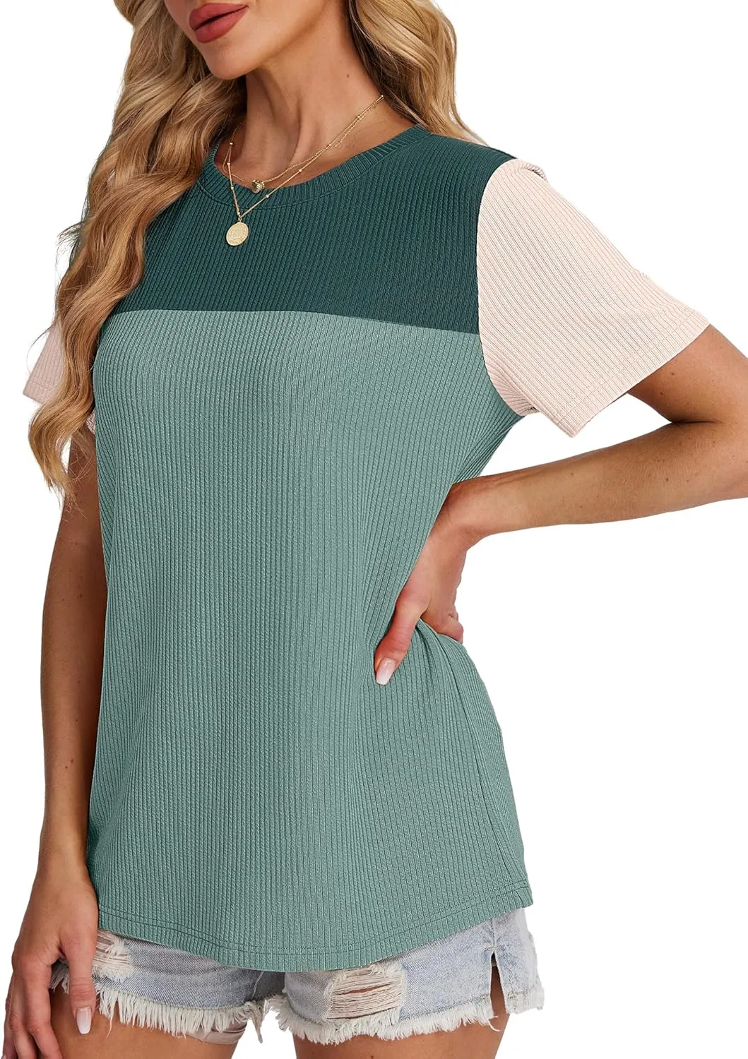 WIHOLL Womens Fashion 2025 Color Block Shirts Short Sleeve Crewneck Knitted Spring Summer Tops Casual Trendy