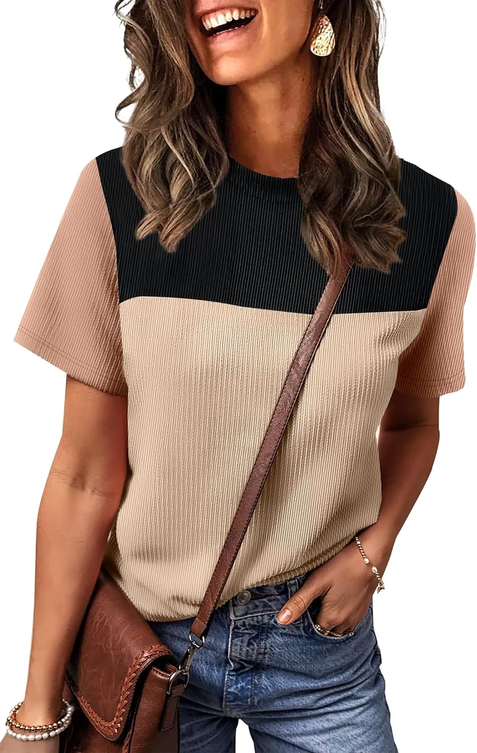 WIHOLL Womens Fashion 2025 Color Block Shirts Short Sleeve Crewneck Knitted Spring Summer Tops Casual Trendy