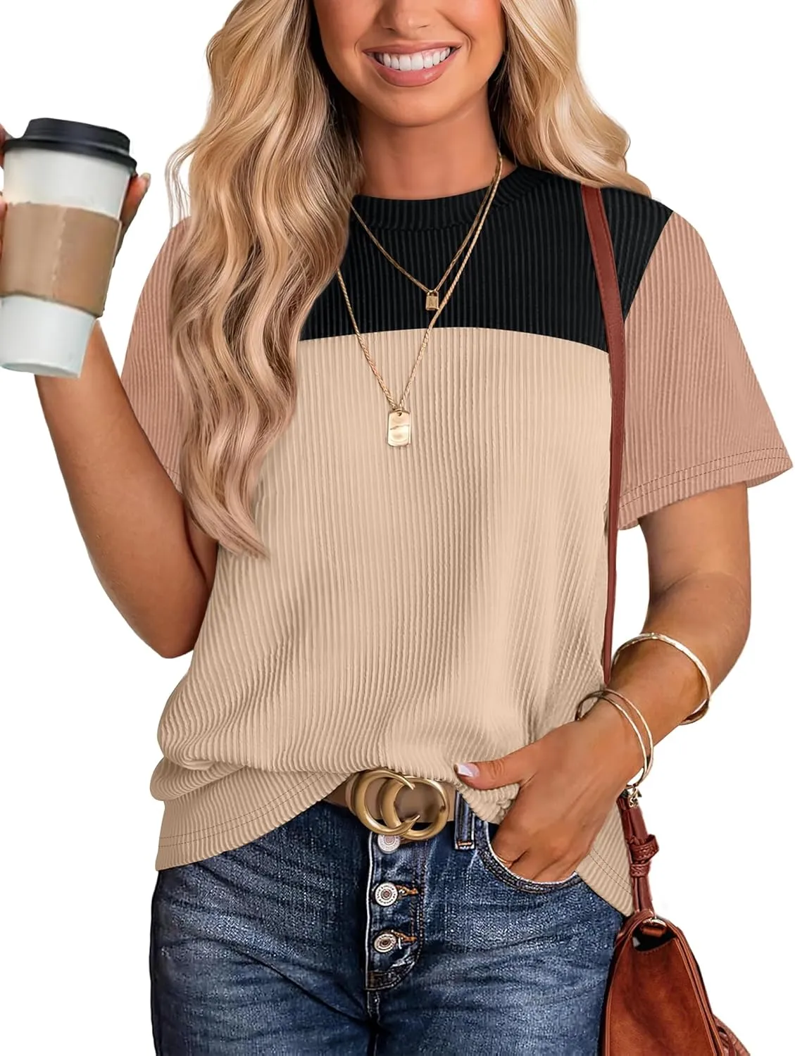 WIHOLL Womens Fashion 2025 Color Block Shirts Short Sleeve Crewneck Knitted Spring Summer Tops Casual Trendy