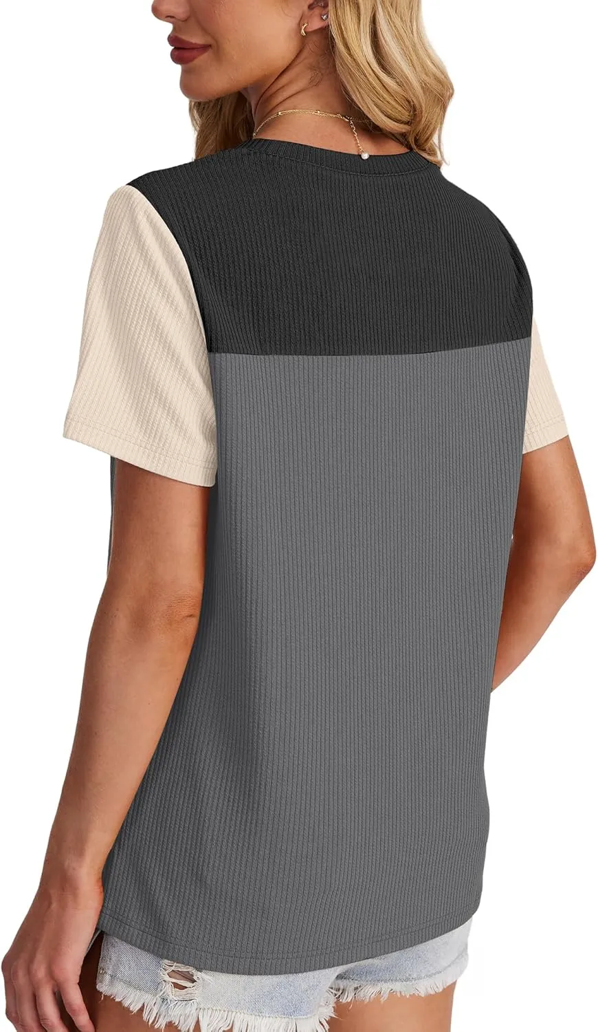 WIHOLL Womens Fashion 2025 Color Block Shirts Short Sleeve Crewneck Knitted Spring Summer Tops Casual Trendy