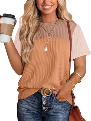WIHOLL Womens Fashion 2025 Color Block Shirts Short Sleeve Crewneck Knitted Spring Summer Tops Casual Trendy