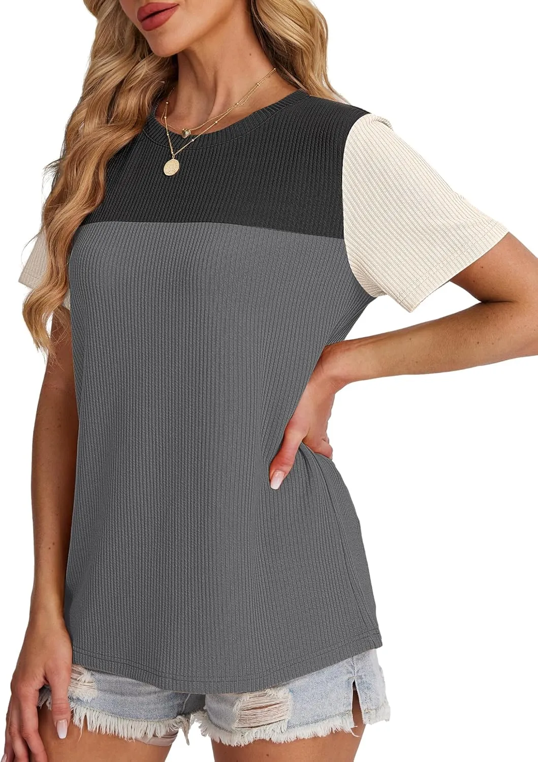 WIHOLL Womens Fashion 2025 Color Block Shirts Short Sleeve Crewneck Knitted Spring Summer Tops Casual Trendy