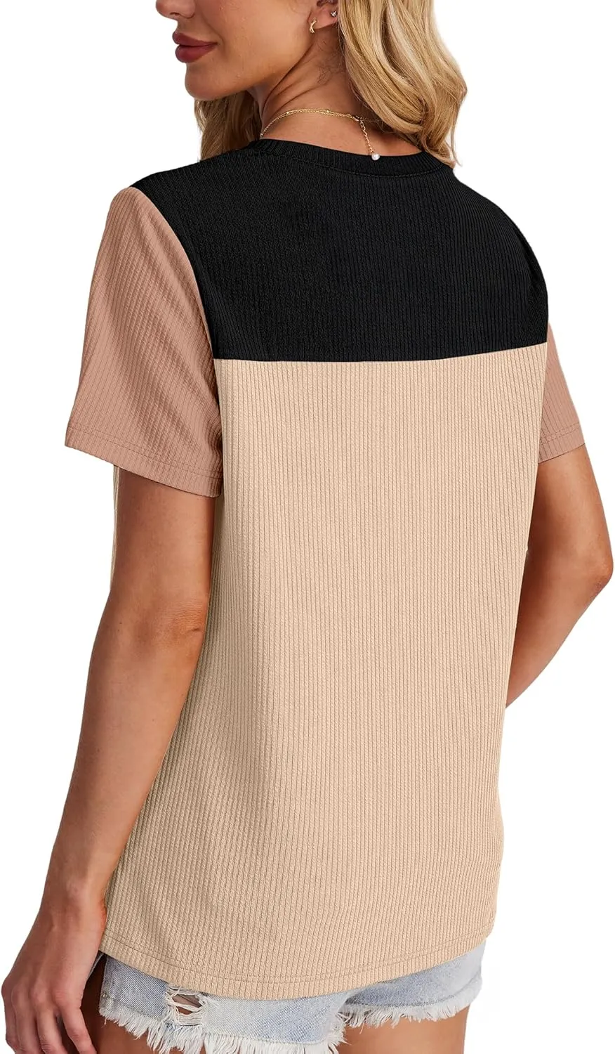 WIHOLL Womens Fashion 2025 Color Block Shirts Short Sleeve Crewneck Knitted Spring Summer Tops Casual Trendy