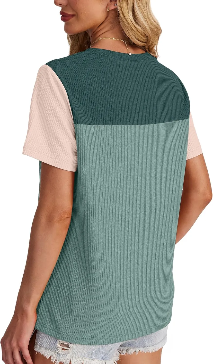 WIHOLL Womens Fashion 2025 Color Block Shirts Short Sleeve Crewneck Knitted Spring Summer Tops Casual Trendy