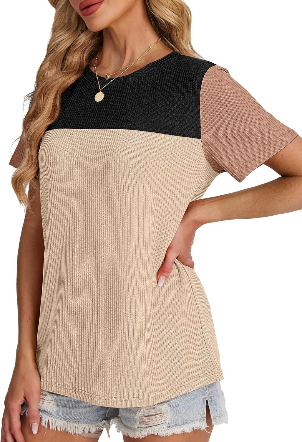 WIHOLL Womens Fashion 2025 Color Block Shirts Short Sleeve Crewneck Knitted Spring Summer Tops Casual Trendy