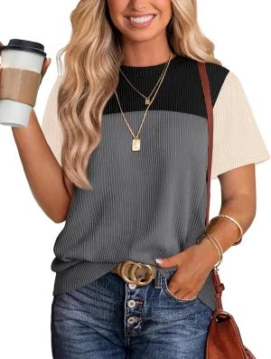 WIHOLL Womens Fashion 2025 Color Block Shirts Short Sleeve Crewneck Knitted Spring Summer Tops Casual Trendy