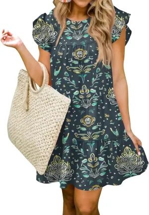 Women Babydoll Summer Casual Crew Neck Ruffle Sleeve Sleeveless Flowy Mini Short Tunic Dress Floral Print Pleated Dress2-Black,X-Large