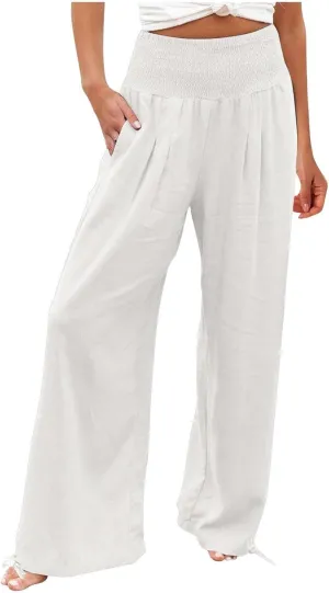 Women Boho Pants Summer Wide Leg Elastic High Waist Smocked Palazzo Pants Loose Cotton Linen Trousers with Pockets