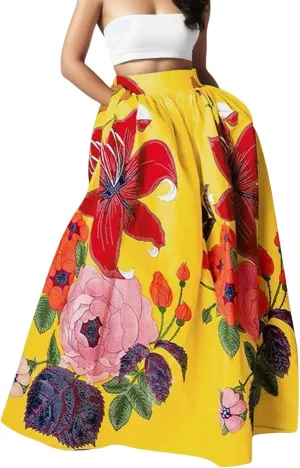 Women Casual Loose Bohemian Maxi Skirt Floral Print Elastic High Waist Long Skirt Pockets Fashion Party Beach Skirts