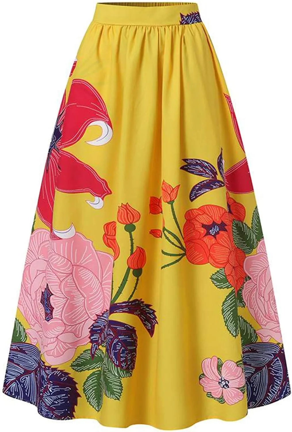 Women Casual Loose Bohemian Maxi Skirt Floral Print Elastic High Waist Long Skirt Pockets Fashion Party Beach Skirts