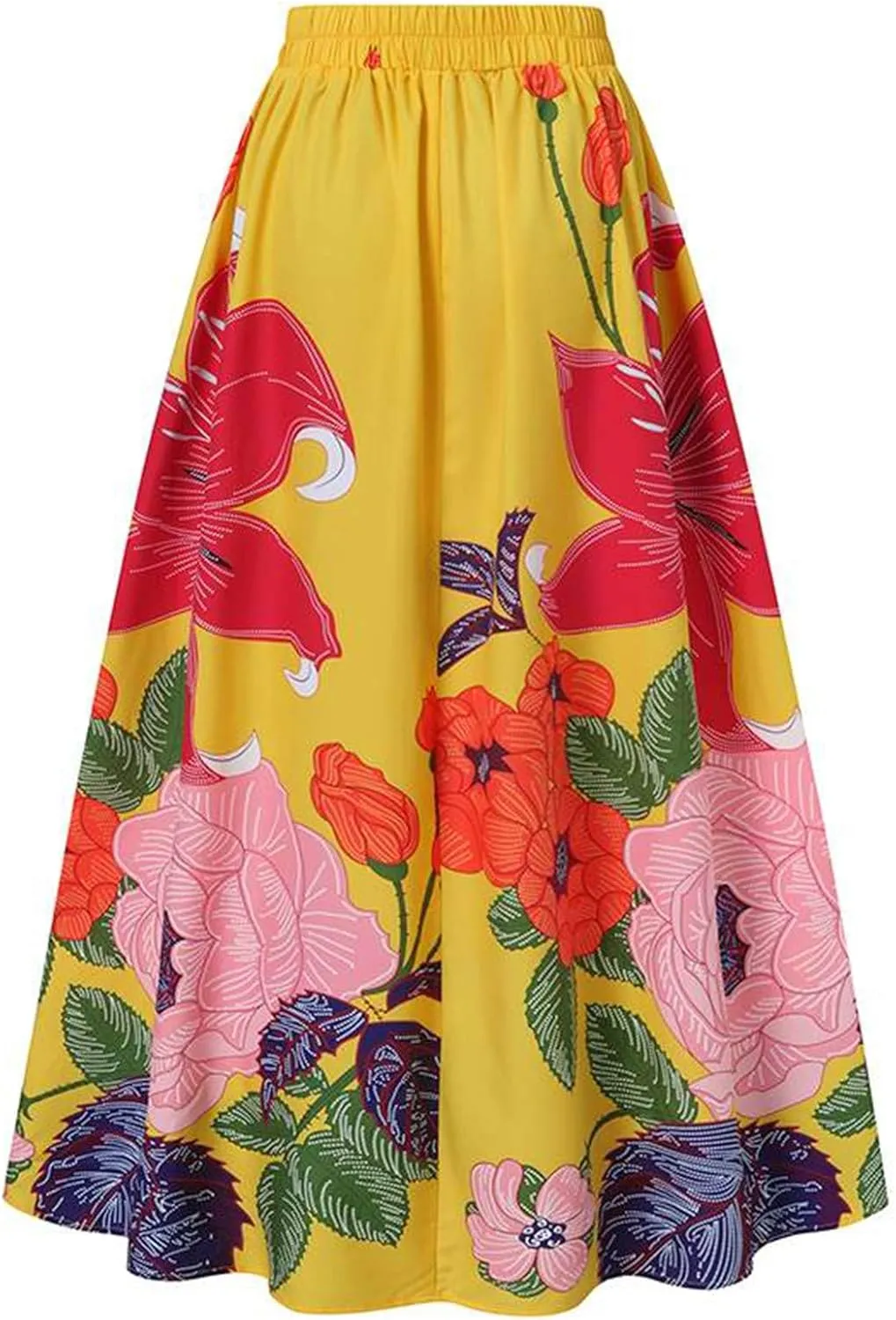 Women Casual Loose Bohemian Maxi Skirt Floral Print Elastic High Waist Long Skirt Pockets Fashion Party Beach Skirts