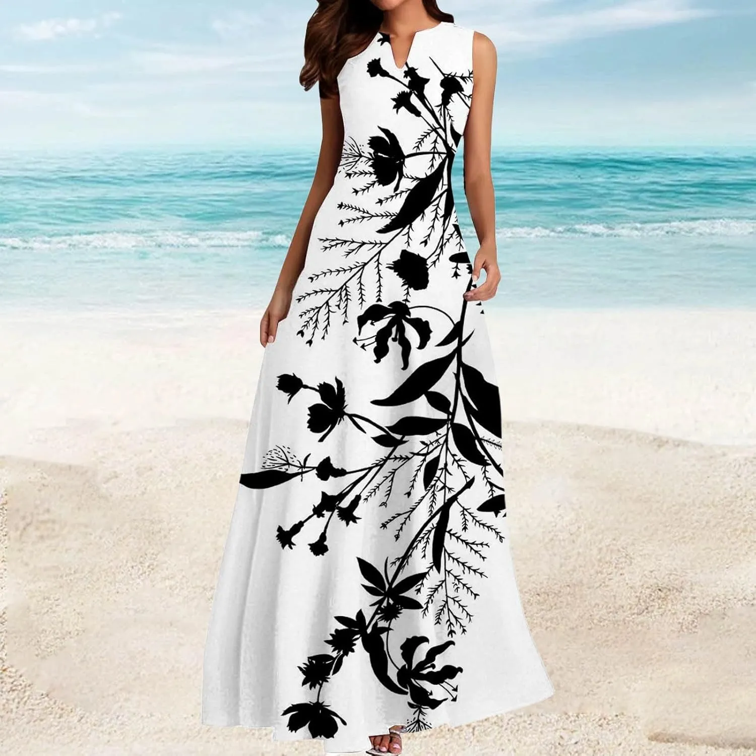 Women Floral Print Maxi Dresses Sleeveless V Neck Dress Casual Flowy Beach Long Sundress 2025 Summer Vacation Outfits
