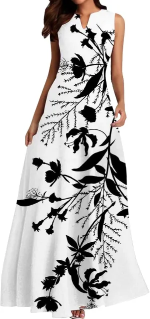 Women Floral Print Maxi Dresses Sleeveless V Neck Dress Casual Flowy Beach Long Sundress 2025 Summer Vacation Outfits