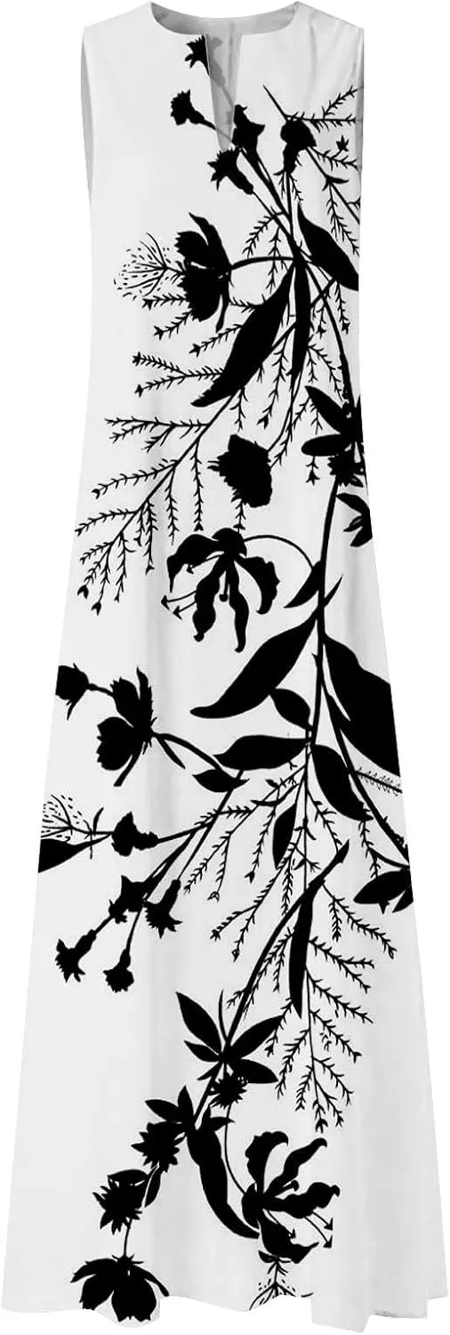 Women Floral Print Maxi Dresses Sleeveless V Neck Dress Casual Flowy Beach Long Sundress 2025 Summer Vacation Outfits