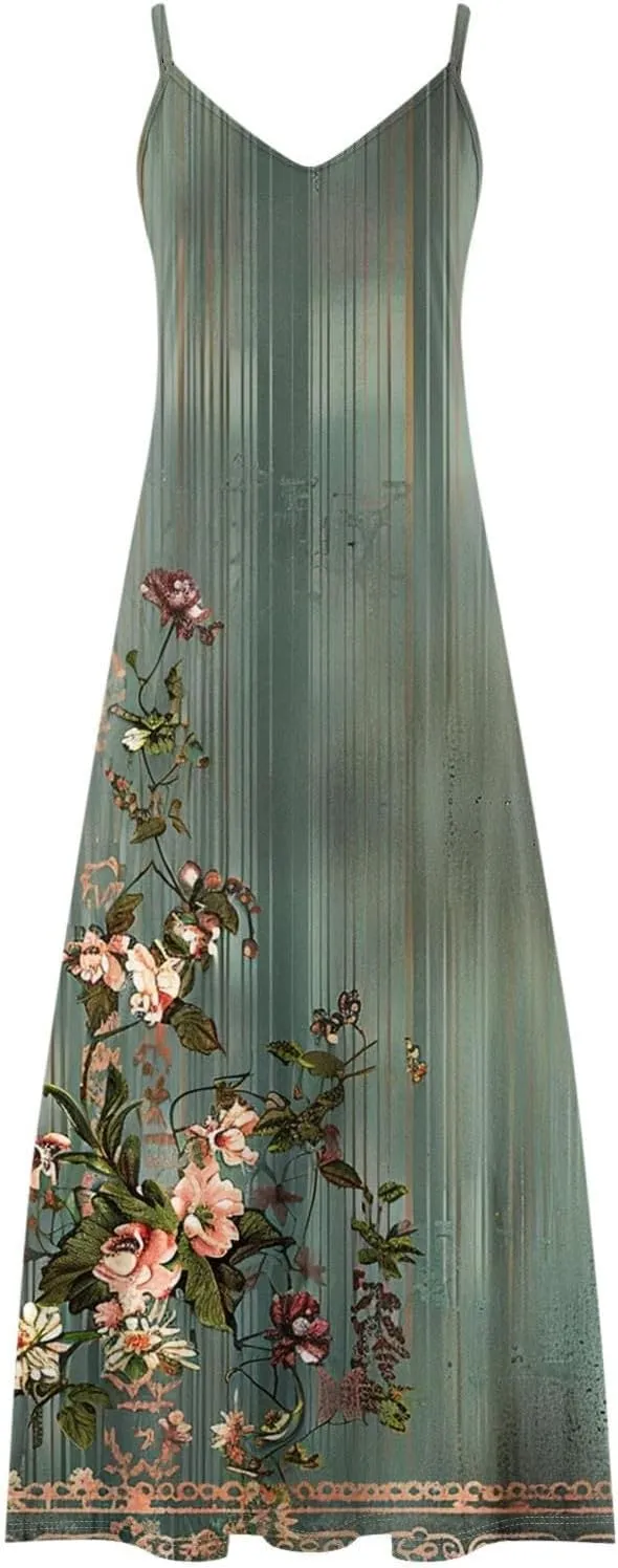 Women Floral Spaghetti Strap Sundress 2025 Spring Summer Spaghetti Straps V-Neck Plus Size Loose Casual Maxi Dress