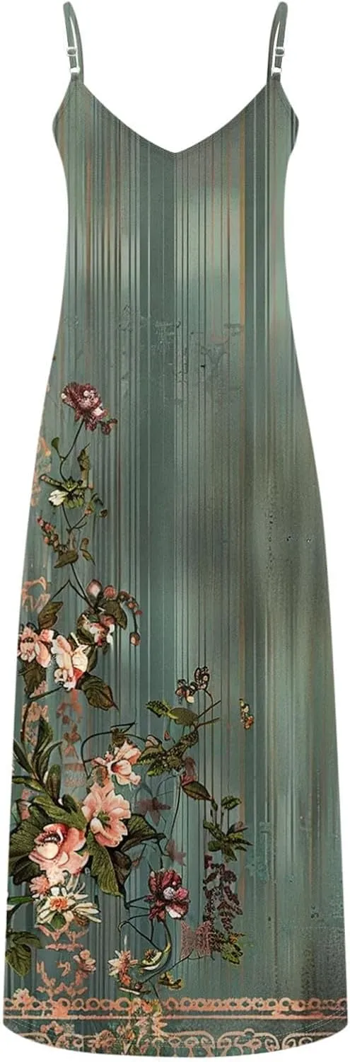 Women Floral Spaghetti Strap Sundress 2025 Spring Summer Spaghetti Straps V-Neck Plus Size Loose Casual Maxi Dress